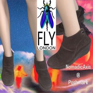 Womens 6.5 Fly London wedge yama bootie suede fabric tie up brown boots shoes